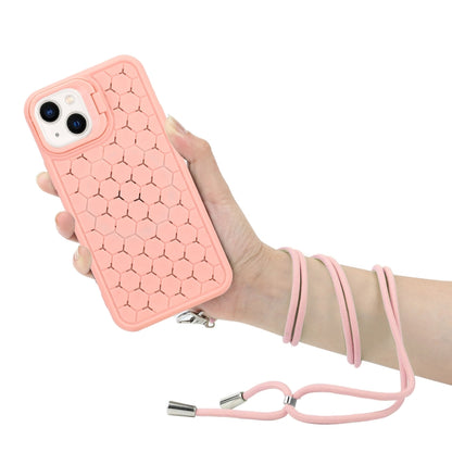 For iPhone 13 Honeycomb Radiating Lens Holder Magsafe Phone Case with Lanyard(Pink) - iPhone 13 Cases by buy2fix | Online Shopping UK | buy2fix