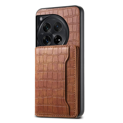 For OnePlus 12 Crocodile Texture Card Bag Design Full Coverage Phone Case(Brown) - OnePlus Cases by buy2fix | Online Shopping UK | buy2fix