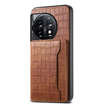 For OnePlus 11 Crocodile Texture Card Bag Design Full Coverage Phone Case(Brown) - OnePlus Cases by buy2fix | Online Shopping UK | buy2fix