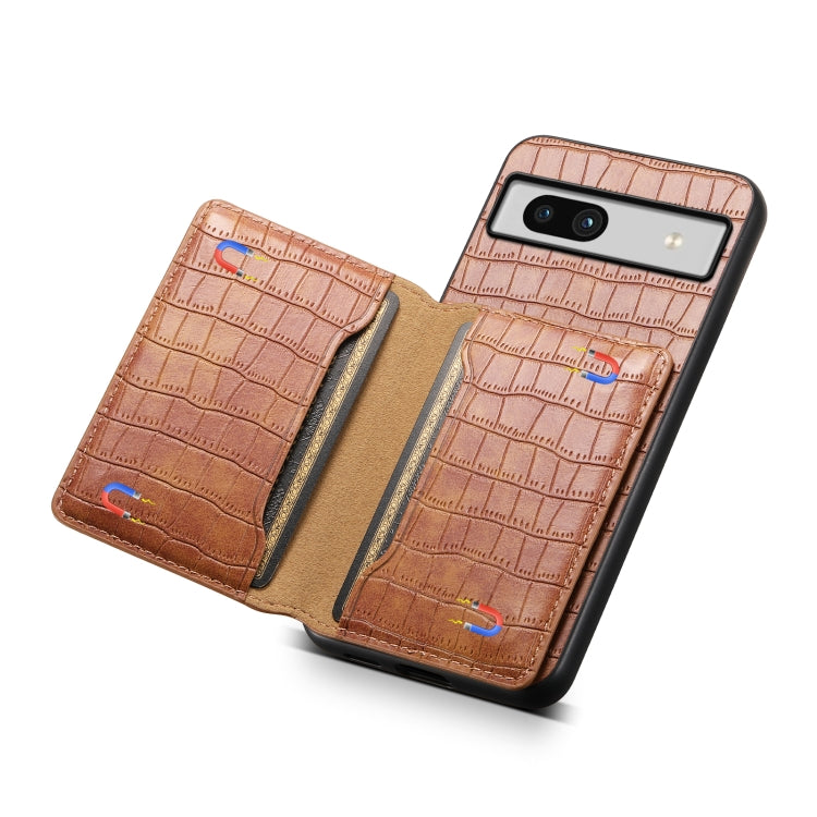 For Google Pixel 7a Crocodile Texture Card Bag Design Full Coverage Phone Case(Brown) - Google Cases by buy2fix | Online Shopping UK | buy2fix