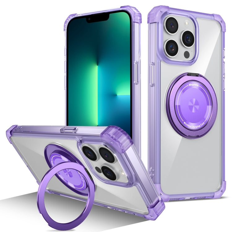 For iPhone 13 Pro Gold Shield CD Pattern MagSafe Magnetic Phone Case with Rotating Stand(Transparent Purple) - iPhone 13 Pro Cases by buy2fix | Online Shopping UK | buy2fix