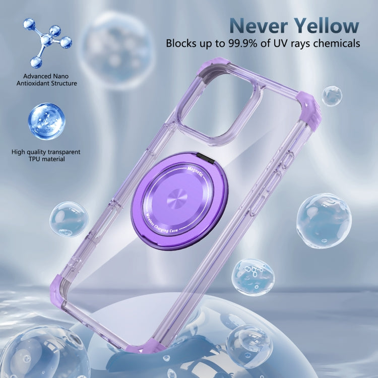 For iPhone 16 Pro Max Gold Shield CD Pattern MagSafe Magnetic Phone Case with Rotating Stand(Transparent Purple) - iPhone 16 Pro Max Cases by buy2fix | Online Shopping UK | buy2fix