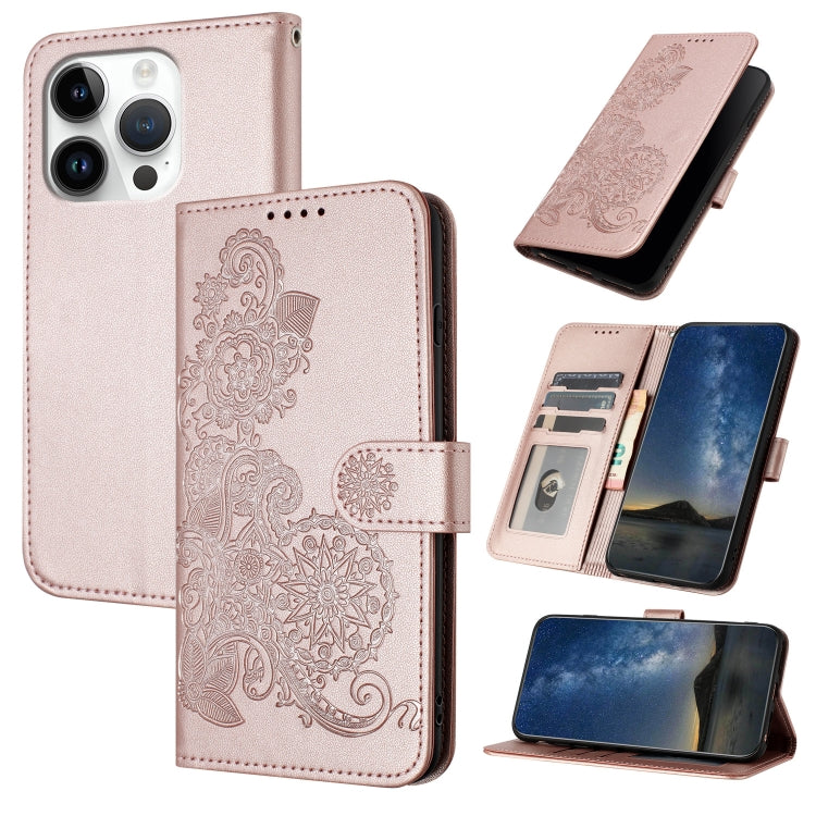 For iPhone 16 Pro Datura Flower Embossed Flip Leather Phone Case(Rose Gold) - iPhone 16 Pro Cases by buy2fix | Online Shopping UK | buy2fix