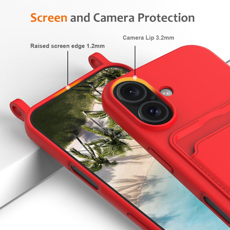 For iPhone 16 Plus Integrated Card Bag Solid Color Liquid Silicone Phone Case with Lanyard(Red) - iPhone 16 Plus Cases by buy2fix | Online Shopping UK | buy2fix