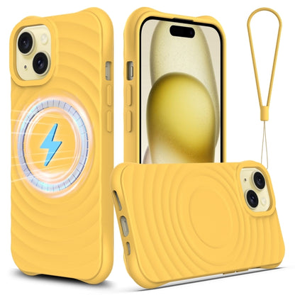 For iPhone 15 Wave Texture MagSafe Magnetic Liquid Silicone Phone Case(Yellow) - iPhone 15 Cases by buy2fix | Online Shopping UK | buy2fix