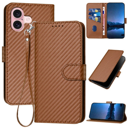 For iPhone 16 YX0070 Carbon Fiber Buckle Leather Phone Case with Lanyard(Coffee) - iPhone 16 Cases by buy2fix | Online Shopping UK | buy2fix