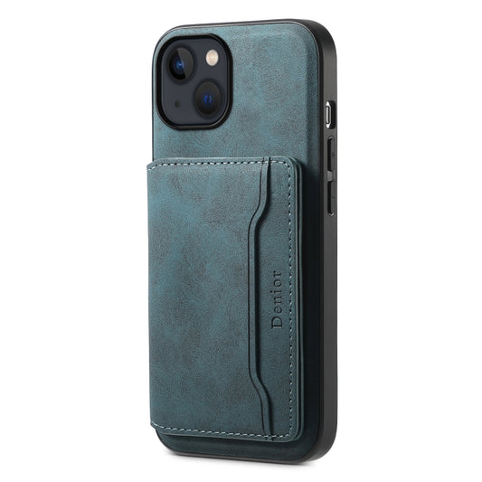 For iPhone 13 / 14 Denior D13 Retro Texture Leather MagSafe Card Bag Phone Case(Blue) - iPhone 14 Cases by Denior | Online Shopping UK | buy2fix