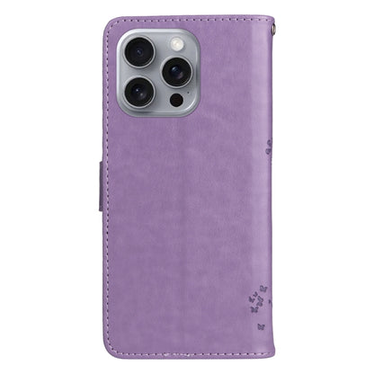 For iPhone 16 Pro Max Tree & Cat Embossed Pattern Flip Leather Phone Case(Light Purple) - iPhone 16 Pro Max Cases by buy2fix | Online Shopping UK | buy2fix