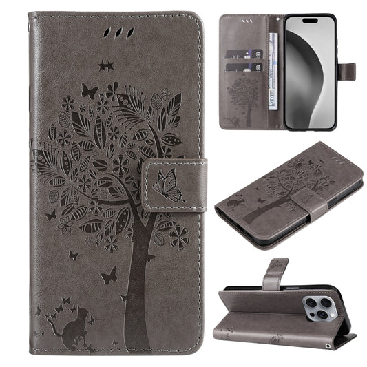 For iPhone 16 Pro Max Tree & Cat Embossed Pattern Flip Leather Phone Case(Grey) - iPhone 16 Pro Max Cases by buy2fix | Online Shopping UK | buy2fix