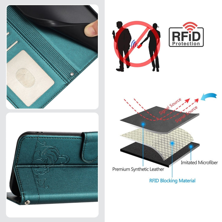 For OPPO Find X7 Cat Rat Embossed Pattern RFID Leather Phone Case with Lanyard(Peacock Green) - Find X7 Cases by buy2fix | Online Shopping UK | buy2fix