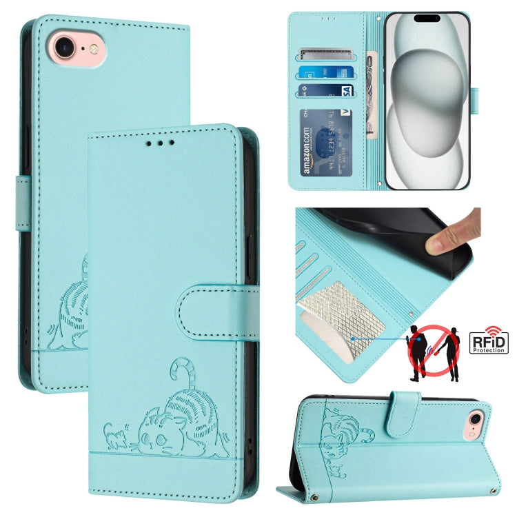 For iPhone SE 2024 Cat Rat Embossed Pattern RFID Leather Phone Case with Lanyard(Mint Green) - More iPhone Cases by buy2fix | Online Shopping UK | buy2fix