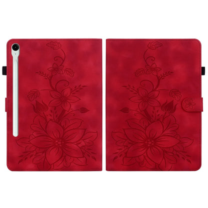 For Samsung Galaxy Tab S9 / S9 FE Lily Embossed Leather Tablet Case(Red) - Galaxy Tab S9 Cases by buy2fix | Online Shopping UK | buy2fix