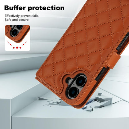 For iPhone 16 Plus Crossbody Multifunction Rhombic Leather Phone Case(Brown) - iPhone 16 Plus Cases by buy2fix | Online Shopping UK | buy2fix