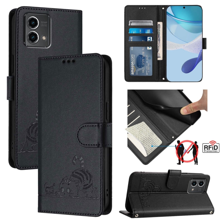 For Motorola Moto G Stylus 5G 2024 Cat Rat Embossed Pattern RFID Leather Phone Case with Lanyard(Black) - Motorola Cases by buy2fix | Online Shopping UK | buy2fix