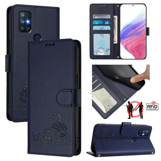 For OnePlus Nord N10 5G Cat Rat Embossed Pattern RFID Leather Phone Case with Lanyard(Blue) - OnePlus Cases by buy2fix | Online Shopping UK | buy2fix