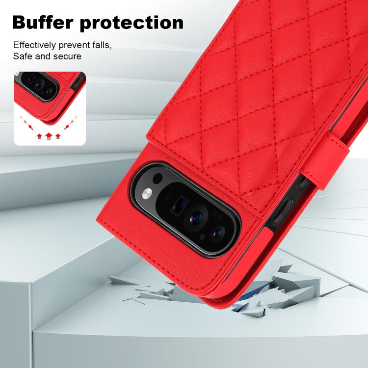 For Google Pixel 9 Pro XL Crossbody Multifunction Rhombic Leather Phone Case(Red) - Google Cases by buy2fix | Online Shopping UK | buy2fix