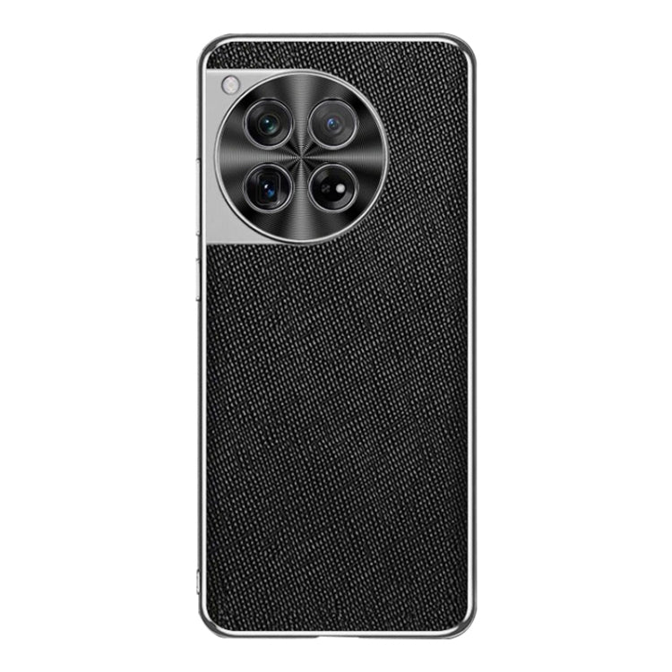 For OnePlus 12 Silver Edge Cross Texture PU Leather Phone Case(Black) - OnePlus Cases by buy2fix | Online Shopping UK | buy2fix