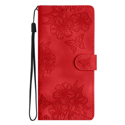 For iPhone 16 Pro Max Cherry Blossom Butterfly Skin Feel Embossed PU Phone Case(Red) - iPhone 16 Pro Max Cases by buy2fix | Online Shopping UK | buy2fix