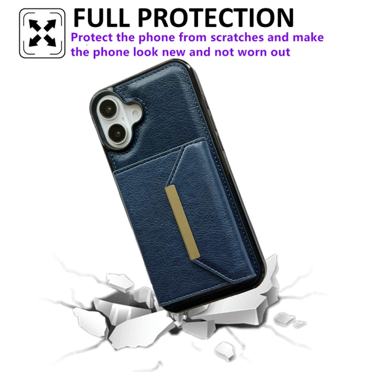 For iPhone 16 Plus Solid Color Metal Buckle Card Slots Bag Phone Case(Blue) - iPhone 16 Plus Cases by buy2fix | Online Shopping UK | buy2fix