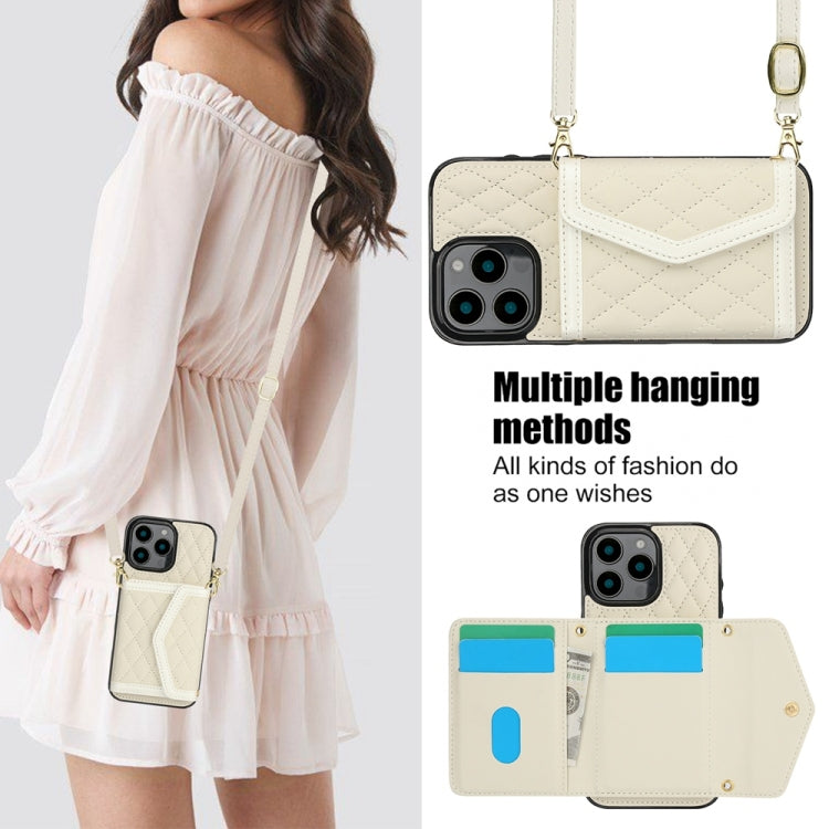 For iPhone 16 Pro Max Splicing Rhombic Texture Card Bag Phone Case with Long Lanyard(Beige) - iPhone 16 Pro Max Cases by buy2fix | Online Shopping UK | buy2fix