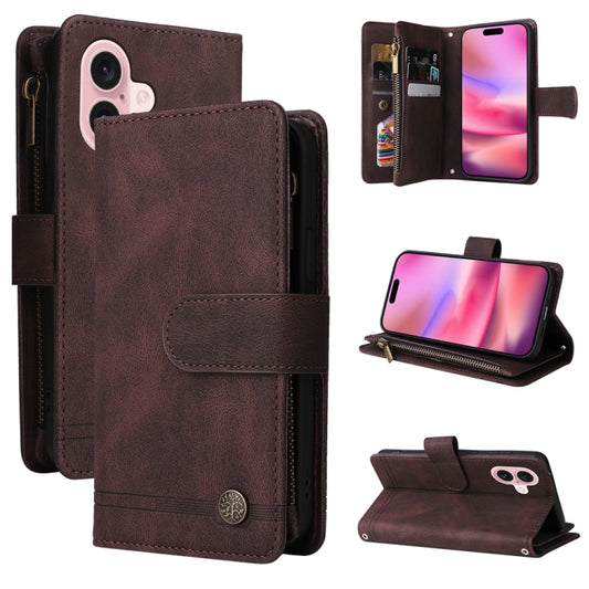 For iPhone 16 Skin Feel Multi-Card Wallet Zipper Leather Phone Case(Brown) - iPhone 16 Cases by buy2fix | Online Shopping UK | buy2fix