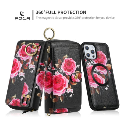 For iPhone 12 / 12 Pro POLA MagSafe Flower Multi-functional Zipper Wallet Leather Phone Case(Black) - iPhone 12 / 12 Pro Cases by buy2fix | Online Shopping UK | buy2fix