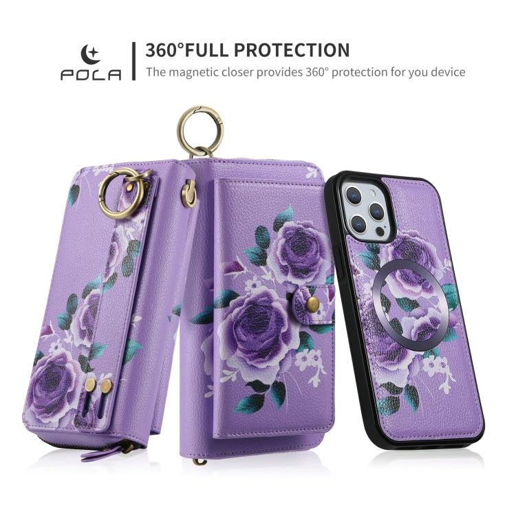 For iPhone 12 Pro Max POLA MagSafe Flower Multi-functional Zipper Wallet Leather Phone Case(Purple) - iPhone 12 Pro Max Cases by buy2fix | Online Shopping UK | buy2fix