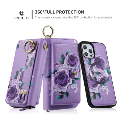 For iPhone 12 Pro Max POLA MagSafe Flower Multi-functional Zipper Wallet Leather Phone Case(Purple) - iPhone 12 Pro Max Cases by buy2fix | Online Shopping UK | buy2fix