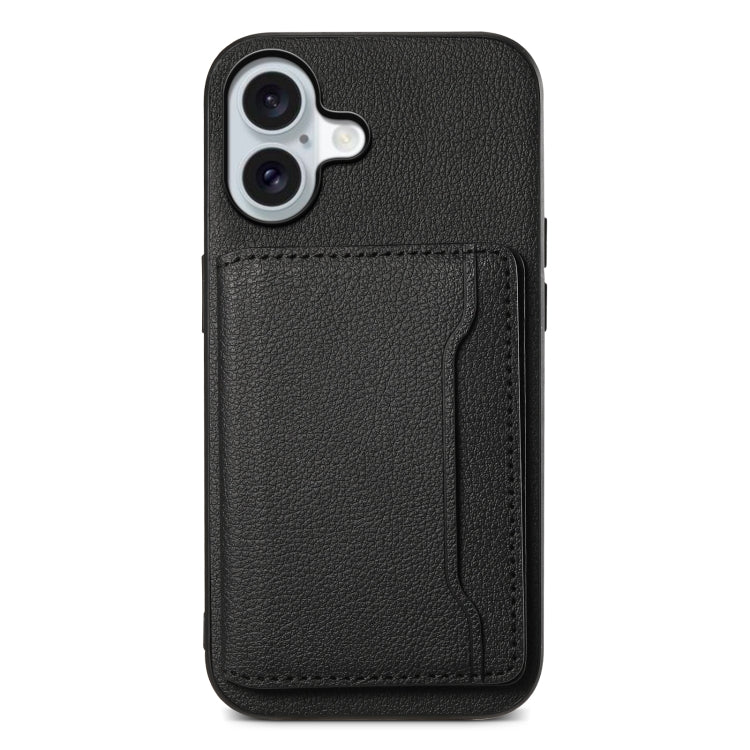 For iPhone 16 Calf Texture Card Bag Design Full Coverage Phone Case(Black) - iPhone 16 Cases by buy2fix | Online Shopping UK | buy2fix