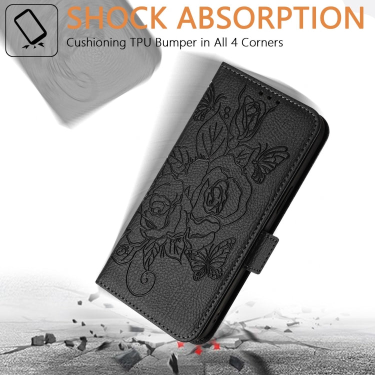 For iPhone 16 Pro Embossed Rose RFID Anti-theft Leather Phone Case(Black) - iPhone 16 Pro Cases by buy2fix | Online Shopping UK | buy2fix