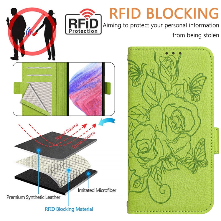 For Blackview A52 Embossed Rose RFID Anti-theft Leather Phone Case(Green) - More Brand by buy2fix | Online Shopping UK | buy2fix