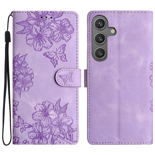 For Samsung Galaxy S25 5G Cherry Blossom Butterfly Skin Feel Embossed PU Phone Case(Purple) - Galaxy S25 5G Cases by buy2fix | Online Shopping UK | buy2fix