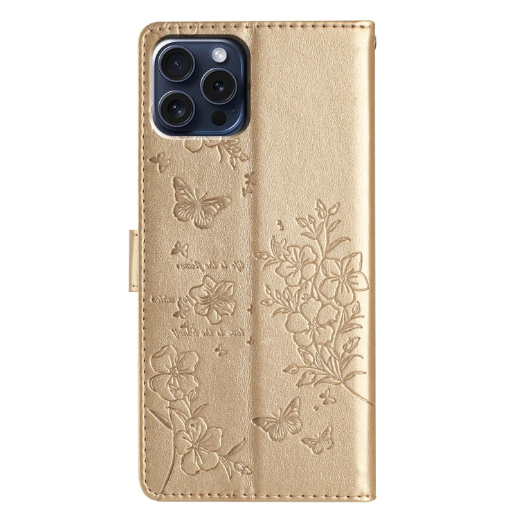 For iPhone 16 Pro Butterflies and Flowers Leather Phone Case(Gold) - iPhone 16 Pro Cases by buy2fix | Online Shopping UK | buy2fix