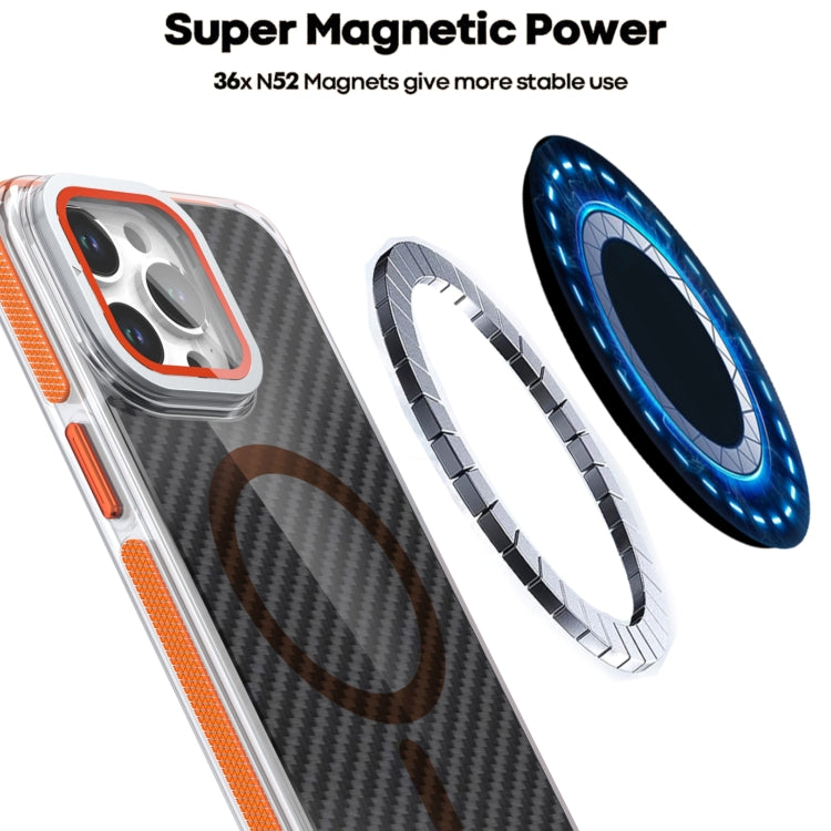 For iPhone 16 Pro Max Magsafe Dual-Color Carbon Fiber Lens Film Phone Case with Lens Fold Holder(Orange) - iPhone 16 Pro Max Cases by buy2fix | Online Shopping UK | buy2fix