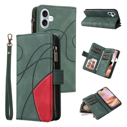 For iPhone 16 Plus Dual-color 9 Card Slots Zipper Wallet Leather Phone Case(Green) - iPhone 16 Plus Cases by buy2fix | Online Shopping UK | buy2fix