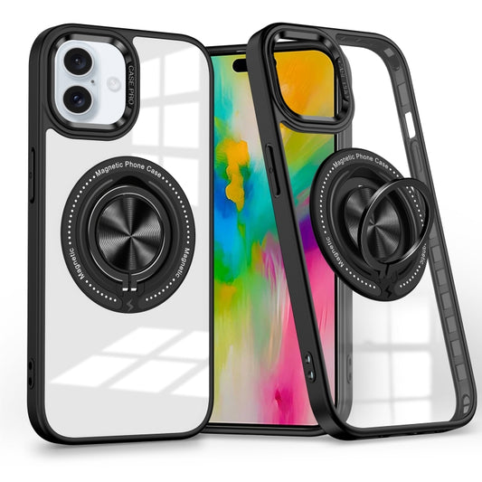 For iPhone 16 Plus Magnetic Rotating Ring Holder Phone Case(Black) - iPhone 16 Plus Cases by buy2fix | Online Shopping UK | buy2fix