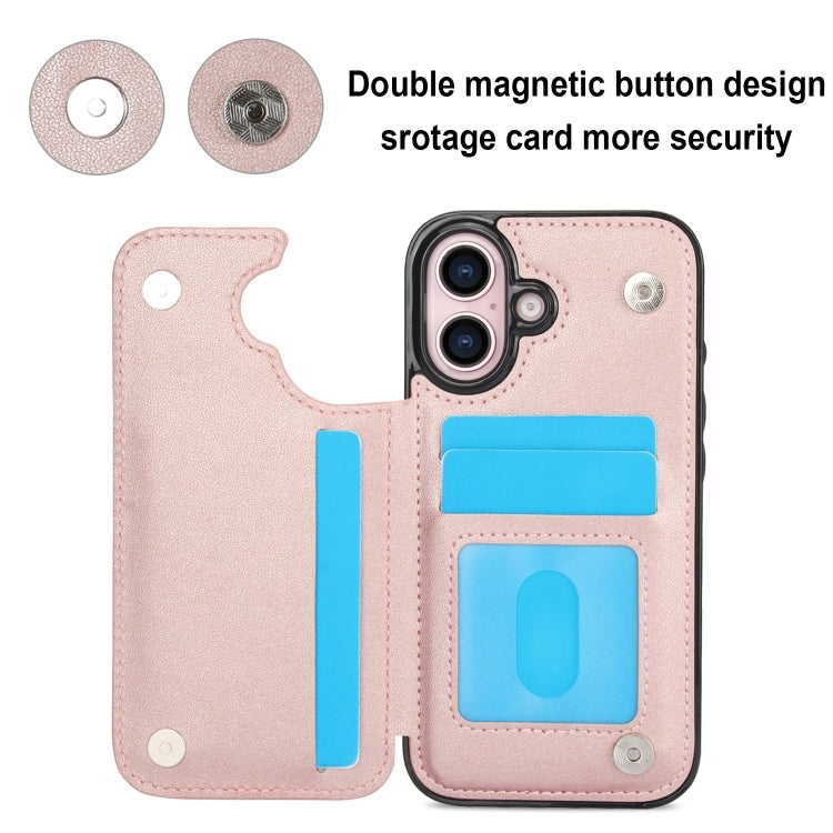 For iPhone 16 Plus Double Buckle Rhombic PU Leather Phone Case(Rose Gold) - iPhone 16 Plus Cases by buy2fix | Online Shopping UK | buy2fix