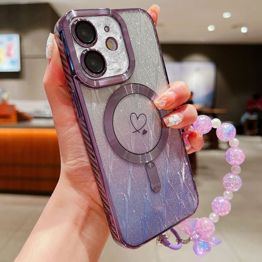 For iPhone 11 Loves Leaves Gradient Glitter Bracelets Carbon Fiber Magsafe TPU Phone Case(Purple) - iPhone 11 Cases by buy2fix | Online Shopping UK | buy2fix