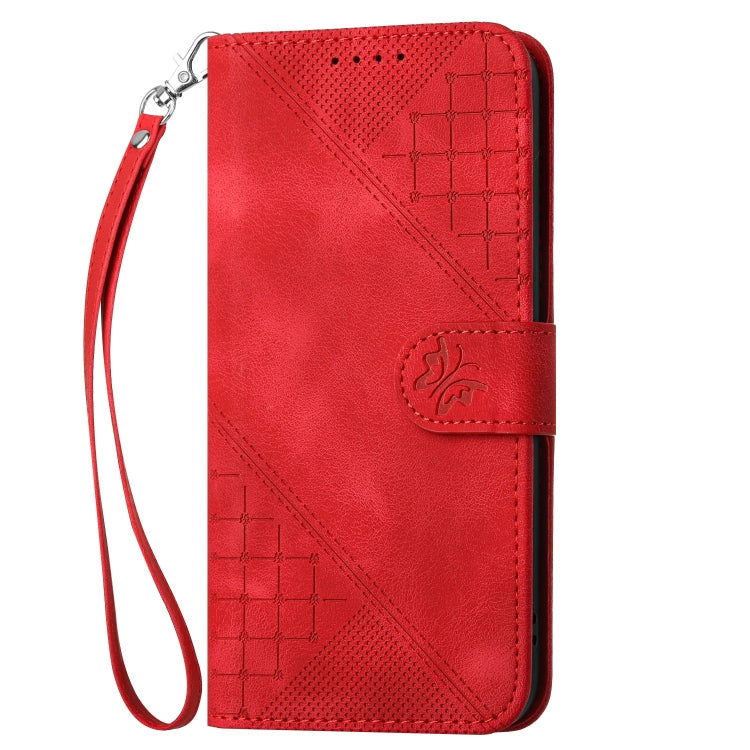 For OnePlus 11 YX0080 Grid Butterfly Embossed Pattern Flip Leather Phone Case with Lanyard(Red) - OnePlus Cases by buy2fix | Online Shopping UK | buy2fix