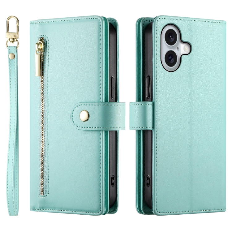 For iPhone 16 Nine Card-slot Zipper Wallet Bag Leather Phone Case(Mint Green) - iPhone 16 Cases by buy2fix | Online Shopping UK | buy2fix