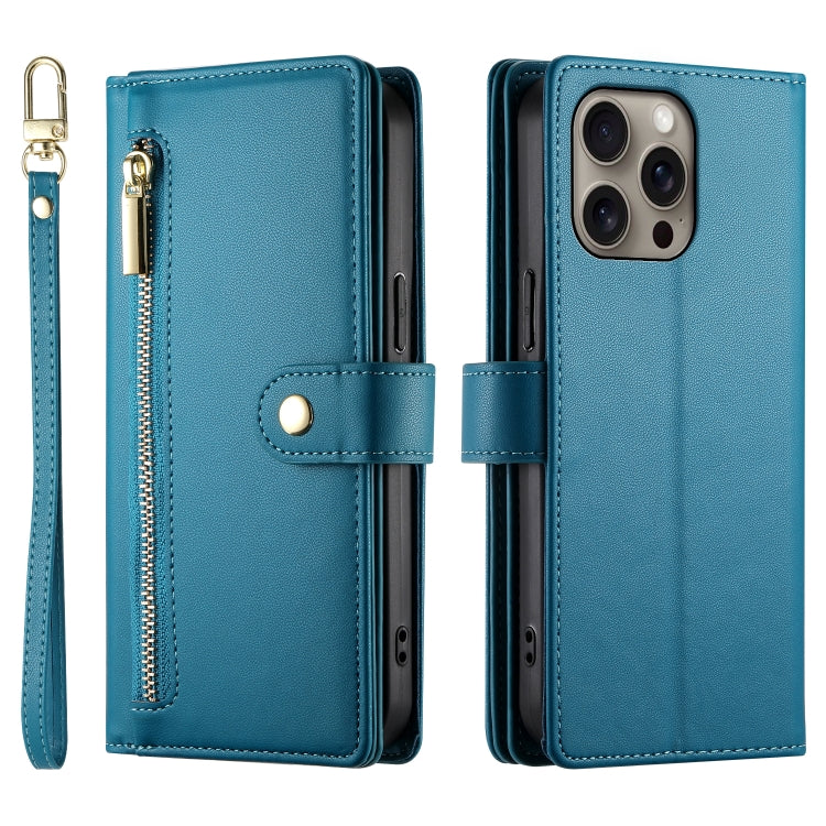 For iPhone 16 Pro Max Nine Card-slot Zipper Wallet Bag Leather Phone Case(Blue) - iPhone 16 Pro Max Cases by buy2fix | Online Shopping UK | buy2fix