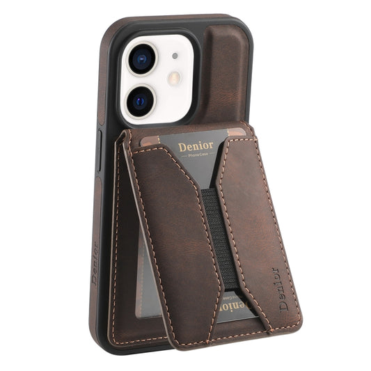 For iPhone 12 / 12 Pro Denior D18 Skin Feel Rotating Holder MagSafe Detachable Card Slot Phone Case(Brown) - iPhone 12 / 12 Pro Tempered Glass by Denior | Online Shopping UK | buy2fix