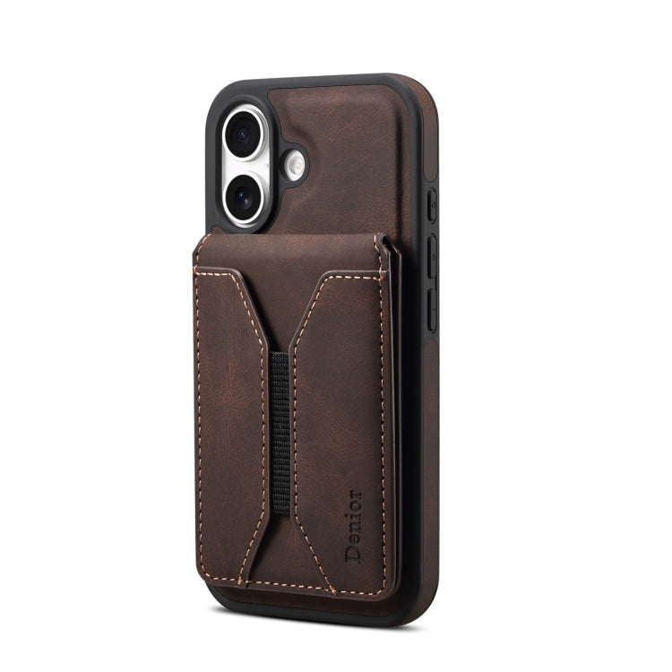 For iPhone 16 Denior D18 Skin Feel Rotating Holder MagSafe Detachable Card Slot Phone Case(Brown) - iPhone 16 Cases by Denior | Online Shopping UK | buy2fix