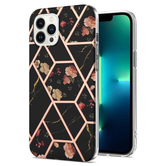 For iPhone 16 Pro Max Splicing Marble Flower IMD TPU Phone Case(Black Flower) - iPhone 16 Pro Max Cases by buy2fix | Online Shopping UK | buy2fix