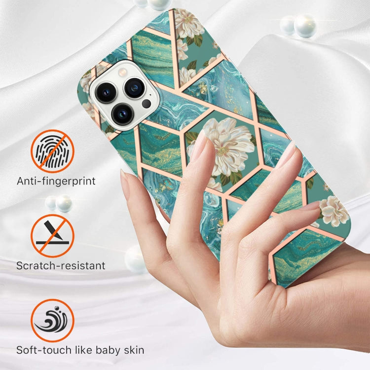 For iPhone 16 Pro Splicing Marble Flower IMD TPU Phone Case(Blue Flower) - iPhone 16 Pro Cases by buy2fix | Online Shopping UK | buy2fix