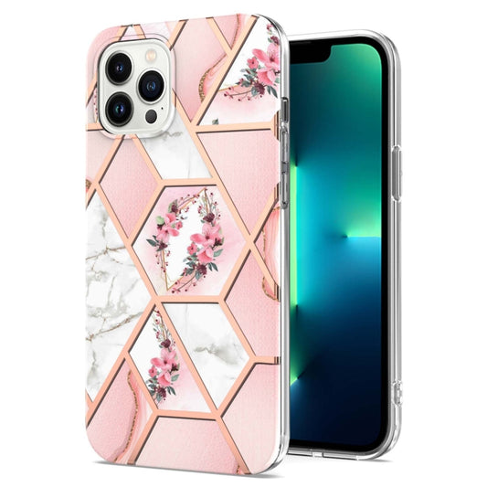 For iPhone 16 Pro Splicing Marble Flower IMD TPU Phone Case(Pink Flower) - iPhone 16 Pro Cases by buy2fix | Online Shopping UK | buy2fix