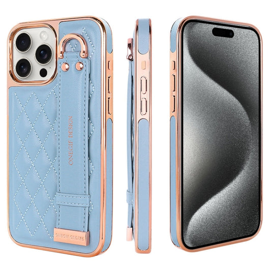 For iPhone 15 Pro Max VIETAO Rhombic Texture Wristband PU Phone Case(Blue) - iPhone 15 Pro Max Cases by VIETAO | Online Shopping UK | buy2fix