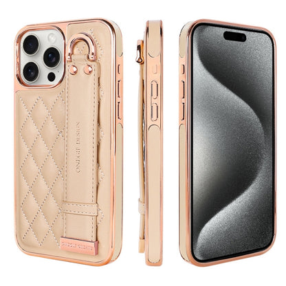 For iPhone 15 Pro Max VIETAO Rhombic Texture Wristband PU Phone Case(Pink) - iPhone 15 Pro Max Cases by VIETAO | Online Shopping UK | buy2fix