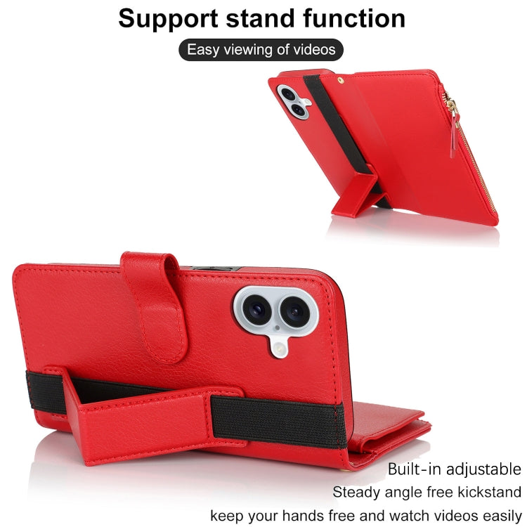 For iPhone 16 Plus Wristband Holder Zipper Purse RFID Leather Phone Case(Red) - iPhone 16 Plus Cases by buy2fix | Online Shopping UK | buy2fix