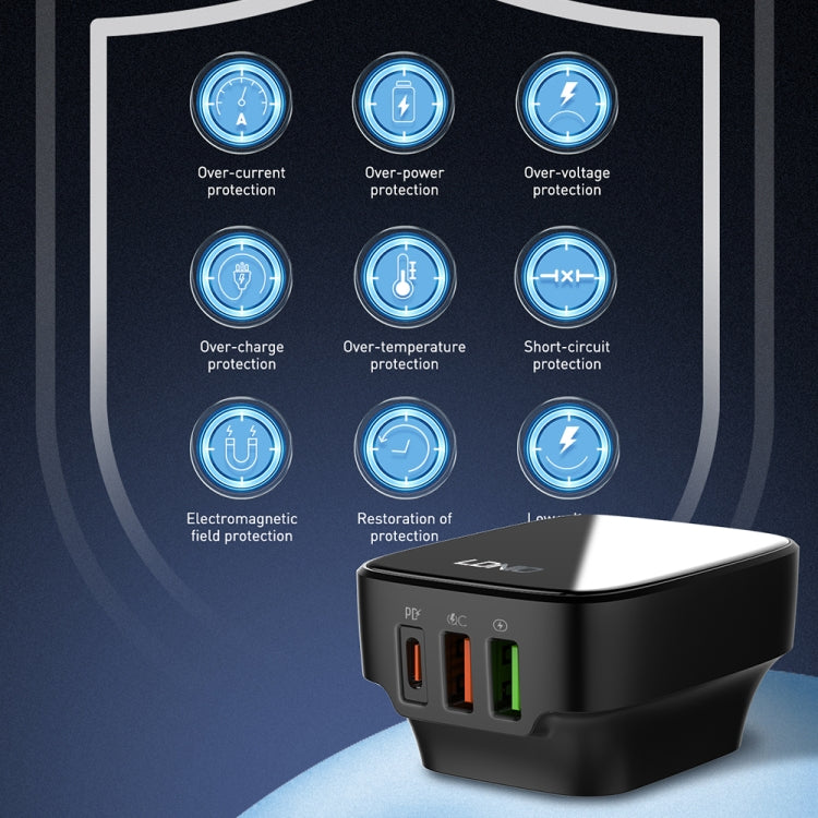 LDNIO Q334 32W Type-C + Dual USB Port Charger with 1m USB-C / Type-C to 8 Pin Data Cable, Plug Type:UK Plug(Black) - USB Charger by LDNIO | Online Shopping UK | buy2fix